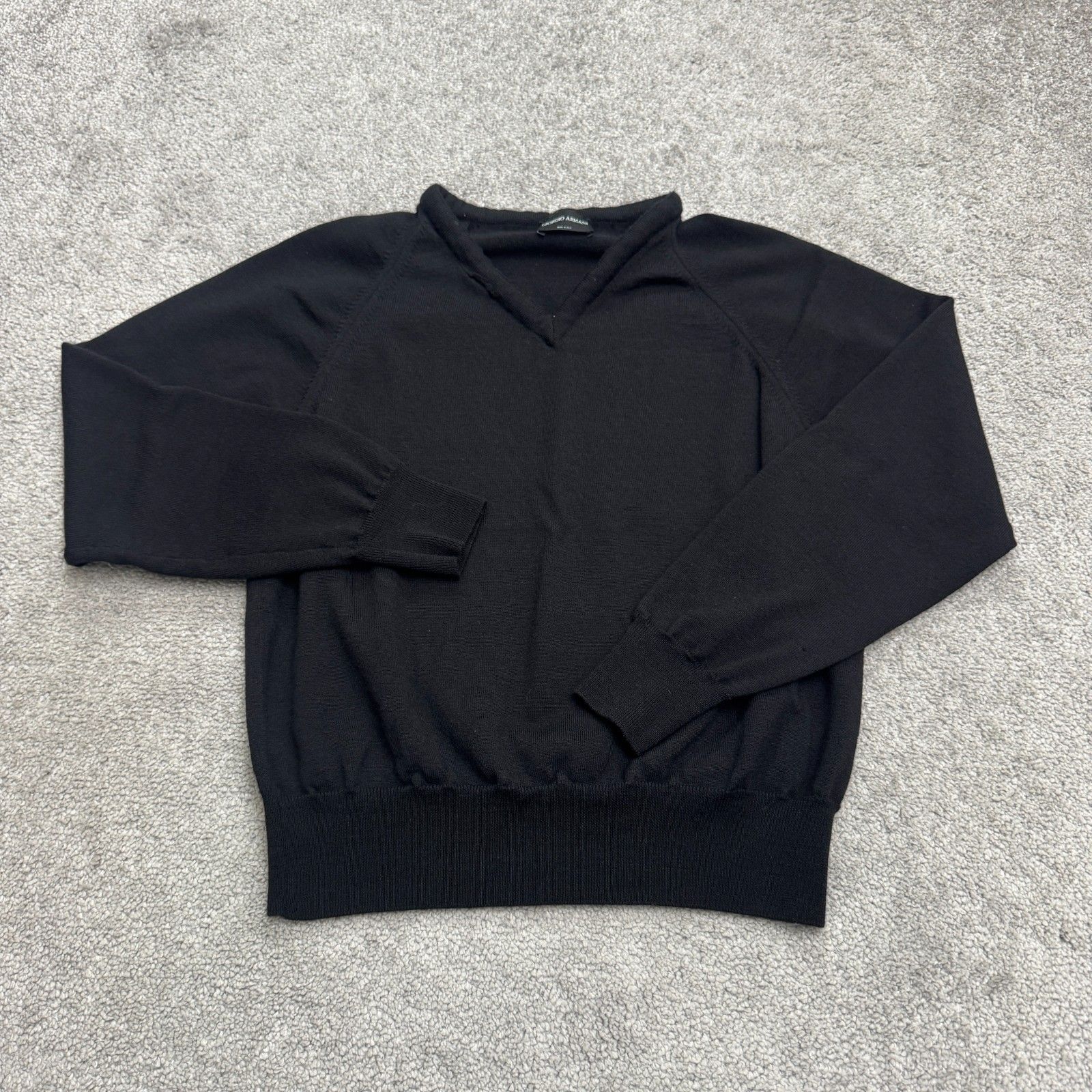Giorgio Armani V-Neck Pullover Sweater Womens Small Black Knit Stretch Italy